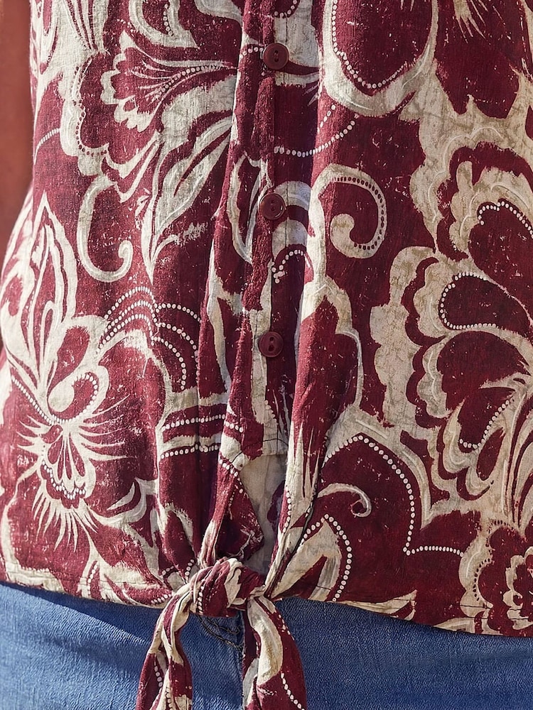 Roman Red Floral Print Tie Front V-Neck Top - Image 4 of 4