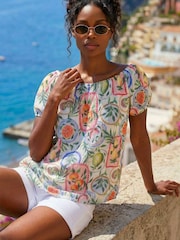 Roman Blue Postcard Print Bardot Top - Image 4 of 5