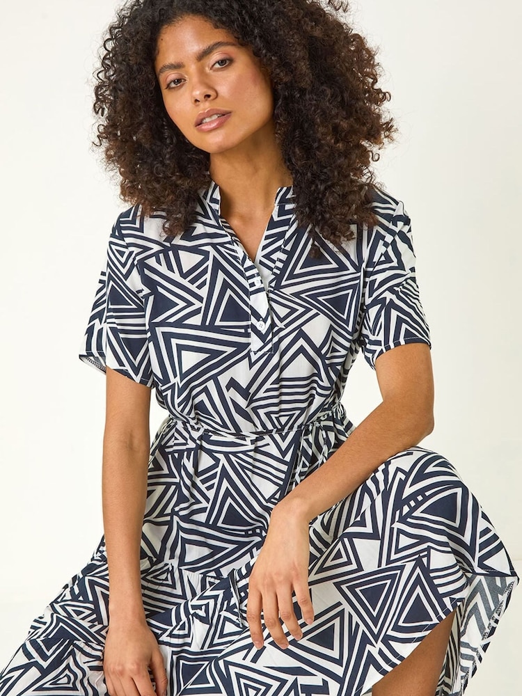 Roman Blue Abstract Print Shirt Midi Dress - Image 1 of 5