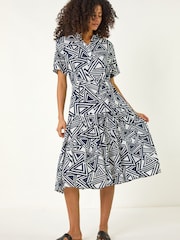 Roman Blue Abstract Print Shirt Midi Dress - Image 2 of 5