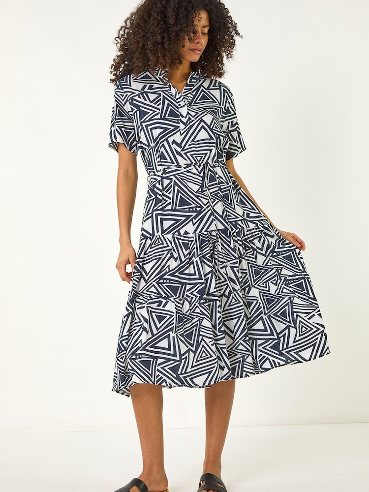 Roman Blue Abstract Print Shirt Midi Dress - Image 2 of 5