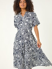 Roman Blue Abstract Print Shirt Midi Dress - Image 4 of 5