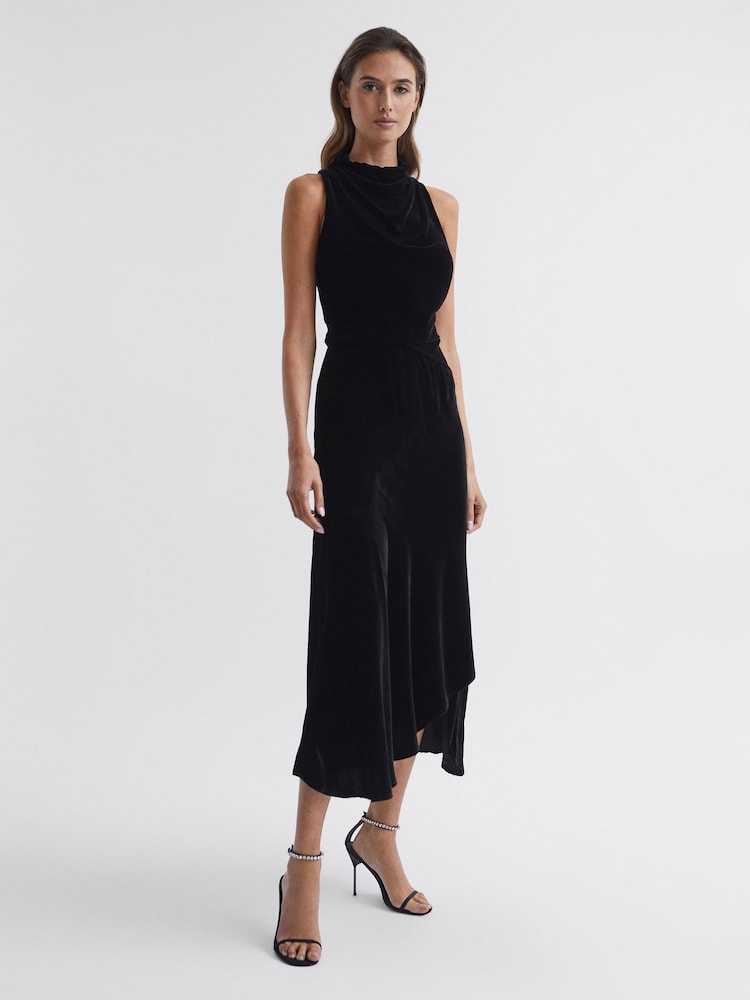 Reiss Black Giannon Velvet Midi Dress - Image 1 of 6