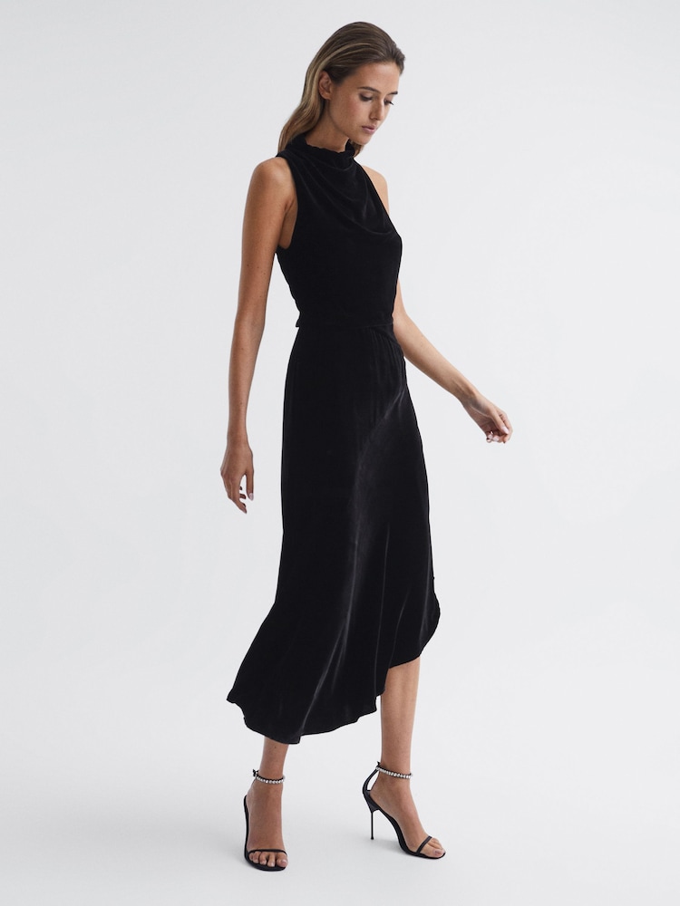 Reiss Black Giannon Velvet Midi Dress - Image 6 of 6