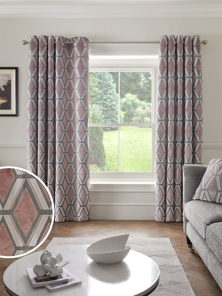 Blush Pink Collection Luxe Heavyweight Geometric Cut Velvet Lined Eyelet Curtains - Image 1 of 6