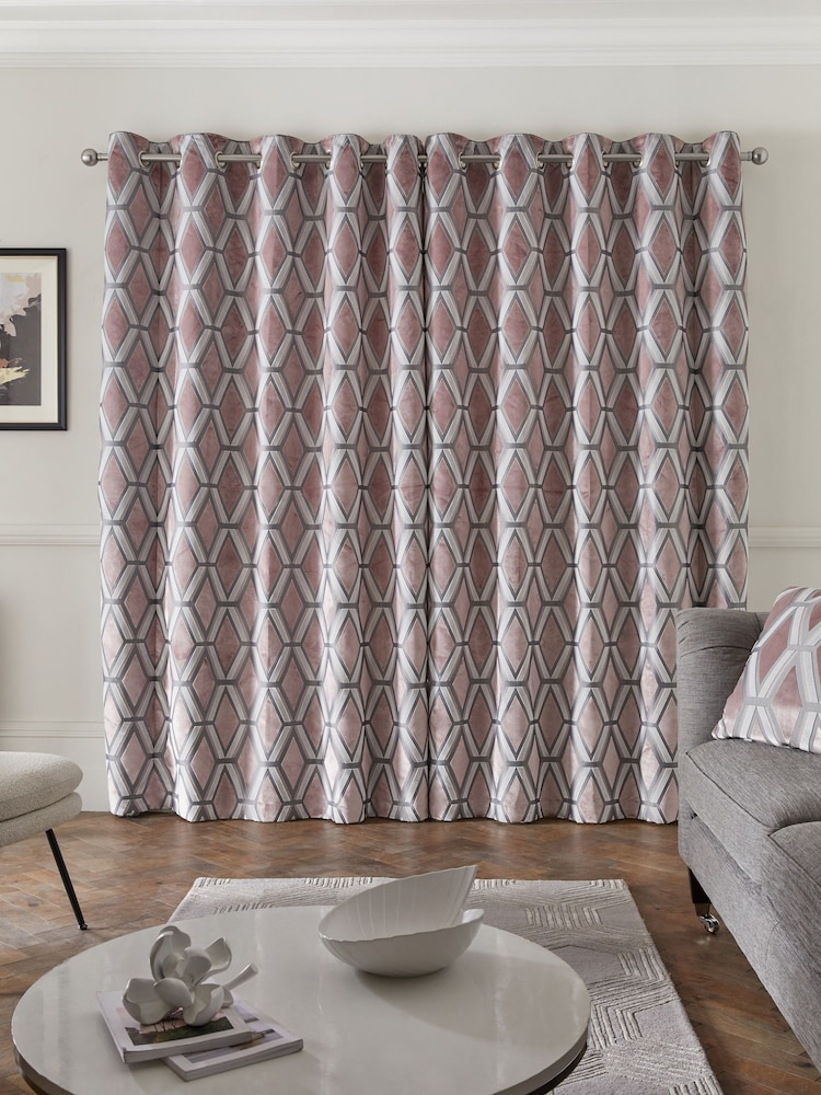 Blush Pink Collection Luxe Heavyweight Geometric Cut Velvet Lined Eyelet Curtains - Image 2 of 6