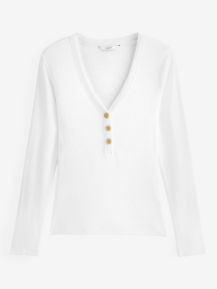 White Long Sleeve Ribbed Henley Button Top - Image 5 of 5