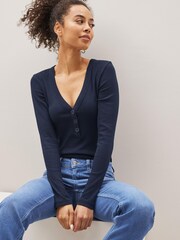 Navy Blue Long Sleeve Ribbed Henley Button Top - Image 1 of 5