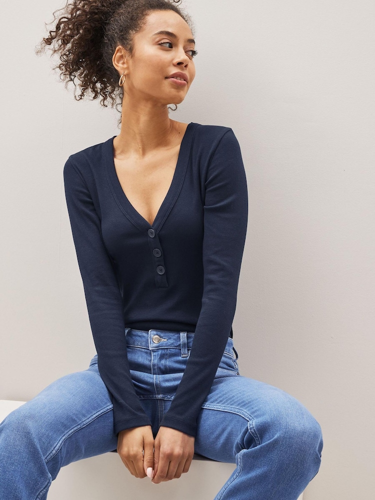 Navy Blue Long Sleeve Ribbed Henley Button Top - Image 1 of 5