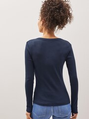 Navy Blue Long Sleeve Ribbed Henley Button Top - Image 2 of 5