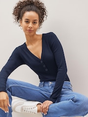 Navy Blue Long Sleeve Ribbed Henley Button Top - Image 3 of 5