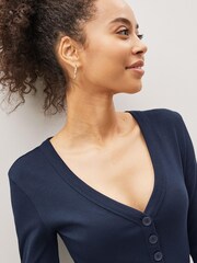 Navy Blue Long Sleeve Ribbed Henley Button Top - Image 4 of 5