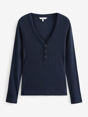 Navy Blue Long Sleeve Ribbed Henley Button Top - Image 5 of 5