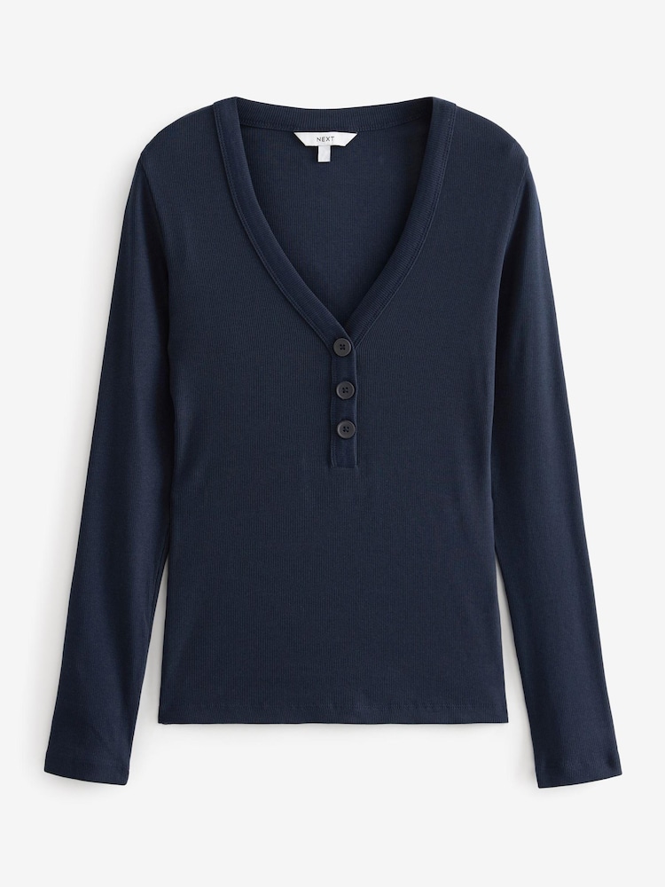 Navy Blue Long Sleeve Ribbed Henley Button Top - Image 5 of 5
