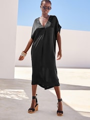 Black Satin Kaftan Coverup Beach Summer Dress - Image 2 of 6