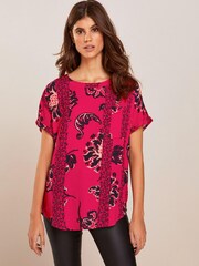 Red Floral Short Sleeve Curved Hem T-Shirt - Image 1 of 5
