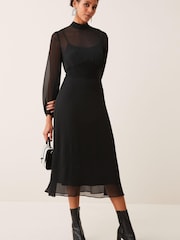 Black Long Sleeve High Neck Sheer Layer Midi Dress - Image 1 of 5