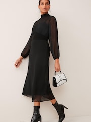 Black Long Sleeve High Neck Sheer Layer Midi Dress - Image 2 of 5