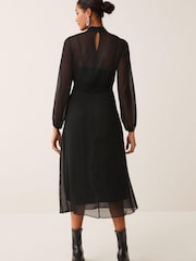 Black Long Sleeve High Neck Sheer Layer Midi Dress - Image 3 of 5
