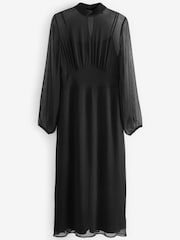 Black Long Sleeve High Neck Sheer Layer Midi Dress - Image 5 of 5
