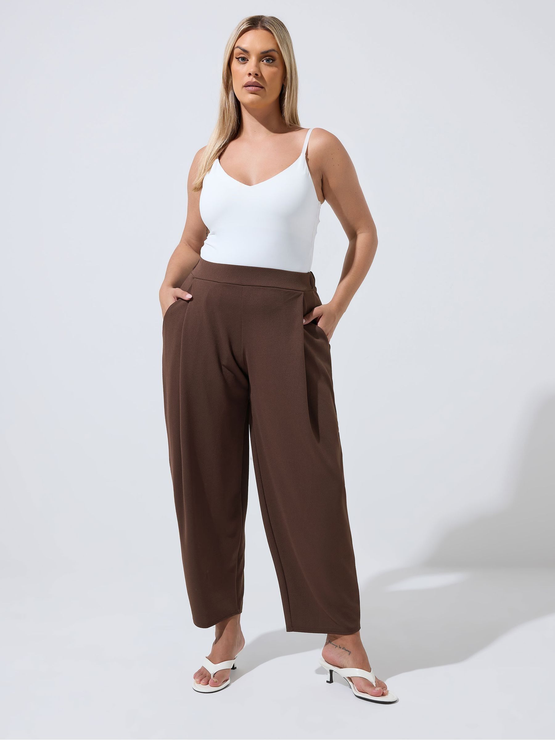 Yours Curve Women's Brown Limited Barrel Pleated Trousers