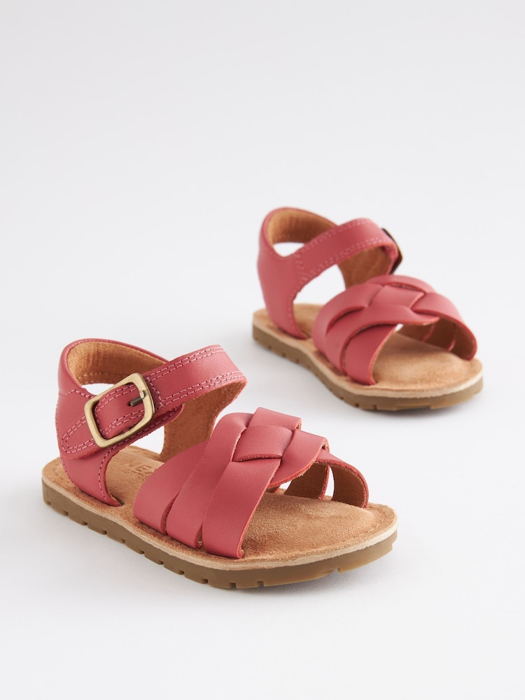 Pink Standard Fit (F) Leather Woven Ankle Strap Sandals - Image 2 of 5