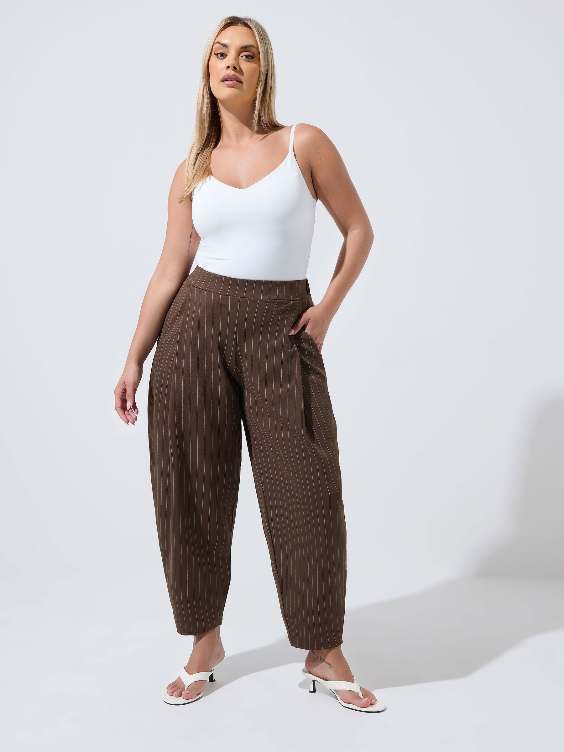 Yours Curve Women's Brown Limited Pinstripe Barrel Leg Trousers