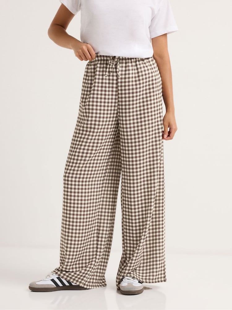 PixieGirl Petite Brown Gingham Tie Waist Wide Leg Trousers - Image 1 of 5 PixieGirl Petite Brown Gingham Tie Waist Wide Leg Trousers - Image 1 of 5