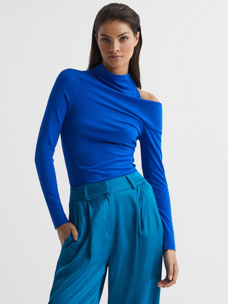 Reiss Blue Amy High Neck Cut Out Shoulder Top - Image 1 of 6