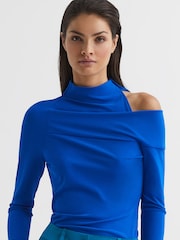 Reiss Blue Amy High Neck Cut Out Shoulder Top - Image 6 of 6