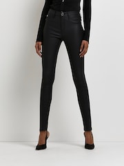River Island Black Mid Rise Coated Super Skinny 100% Cotton Jeans - Image 1 of 6