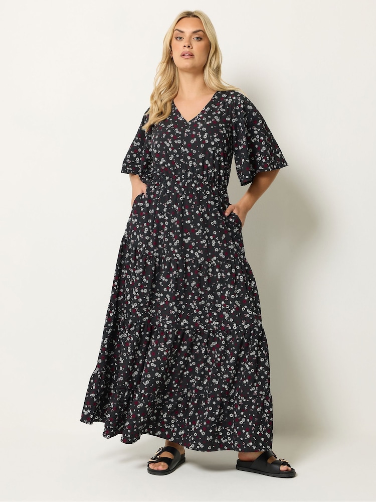 Yours Curve Black Ditsy Floral Textured Maxi Dress - Image 1 of 5 Yours Curve Black Ditsy Floral Textured Maxi Dress - Image 1 of 5