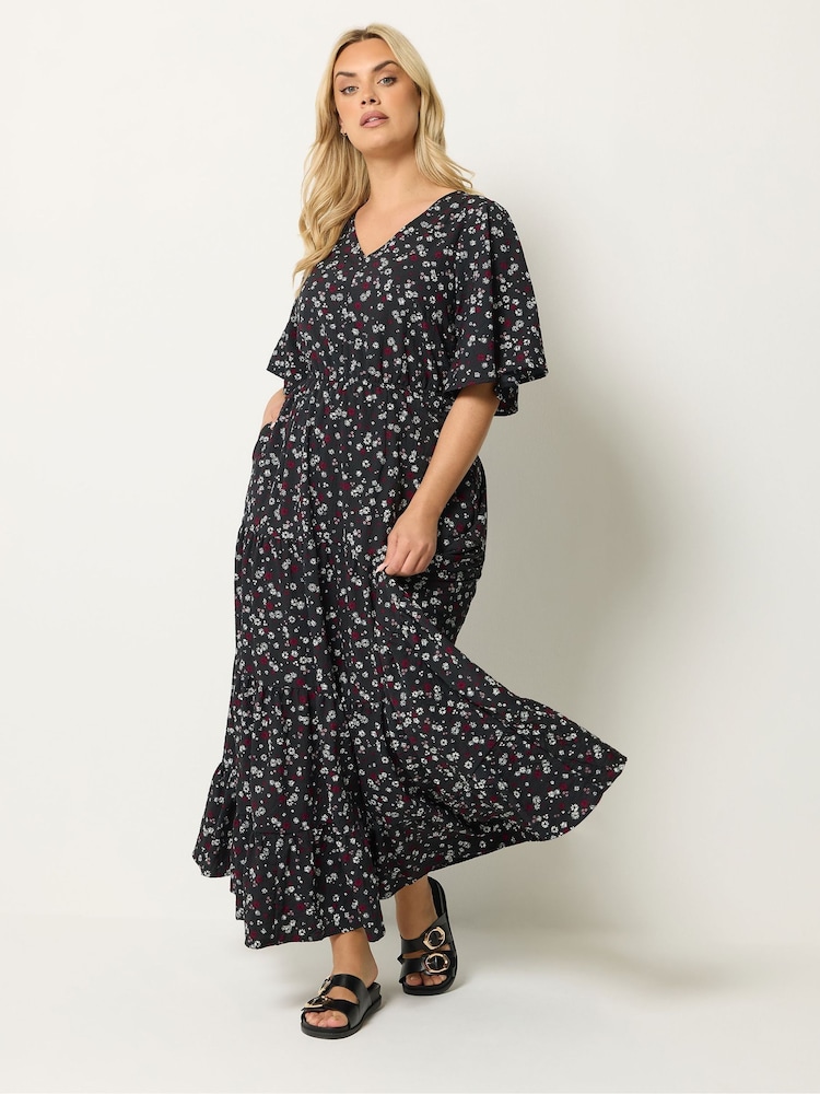 Yours Curve Black Ditsy Floral Textured Maxi Dress - Image 2 of 5 Yours Curve Black Ditsy Floral Textured Maxi Dress - Image 2 of 5