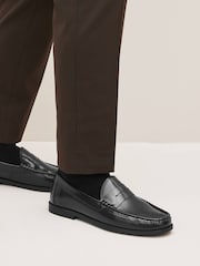 Black Regular Fit Leather Penny Loafers - Image 1 of 6