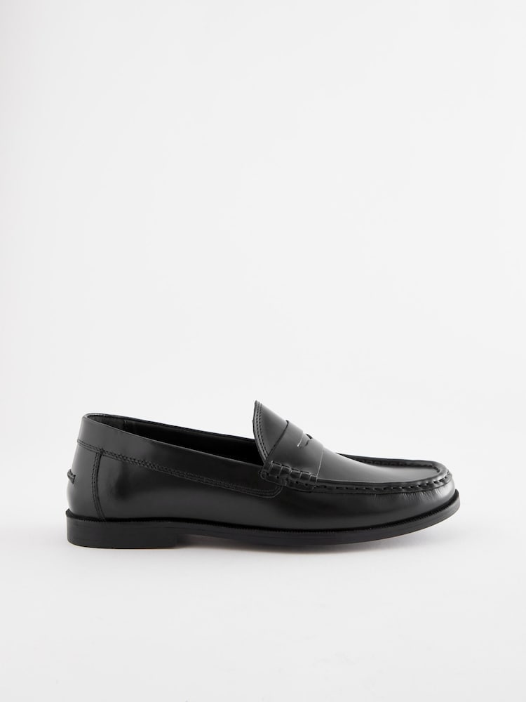 Black Regular Fit Leather Penny Loafers - Image 3 of 6