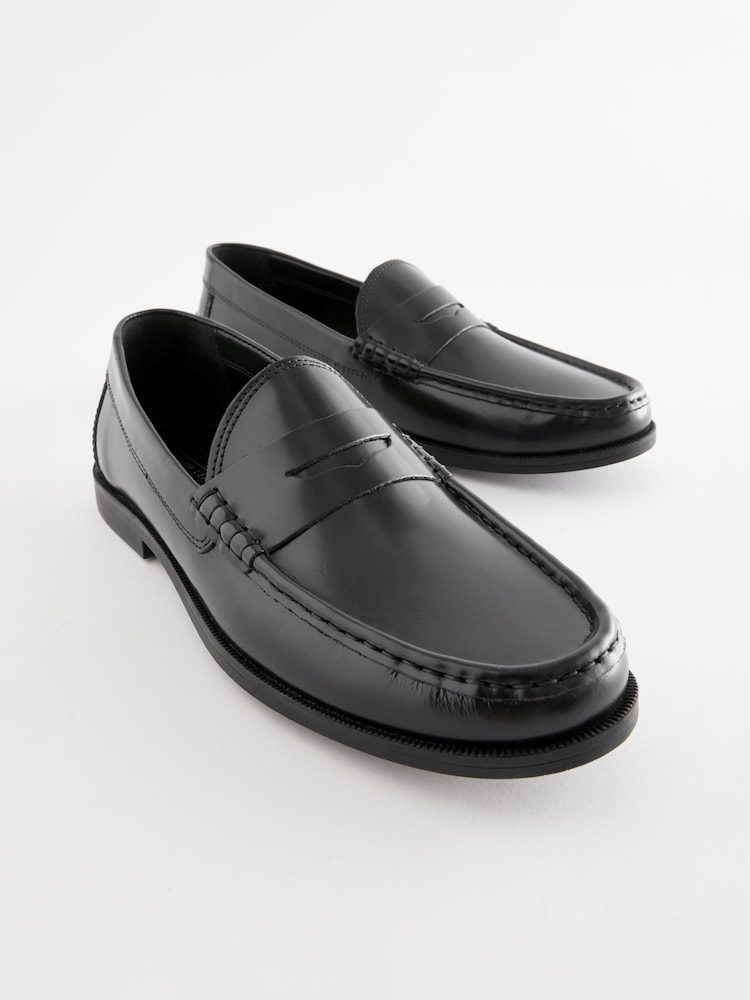Black Regular Fit Leather Penny Loafers - Image 4 of 6