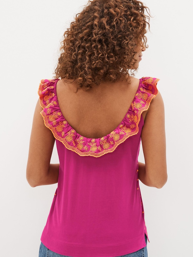 Pink und Orange - Ärmelloses Rüschentop mit Stickerei - Bild 1 von 4