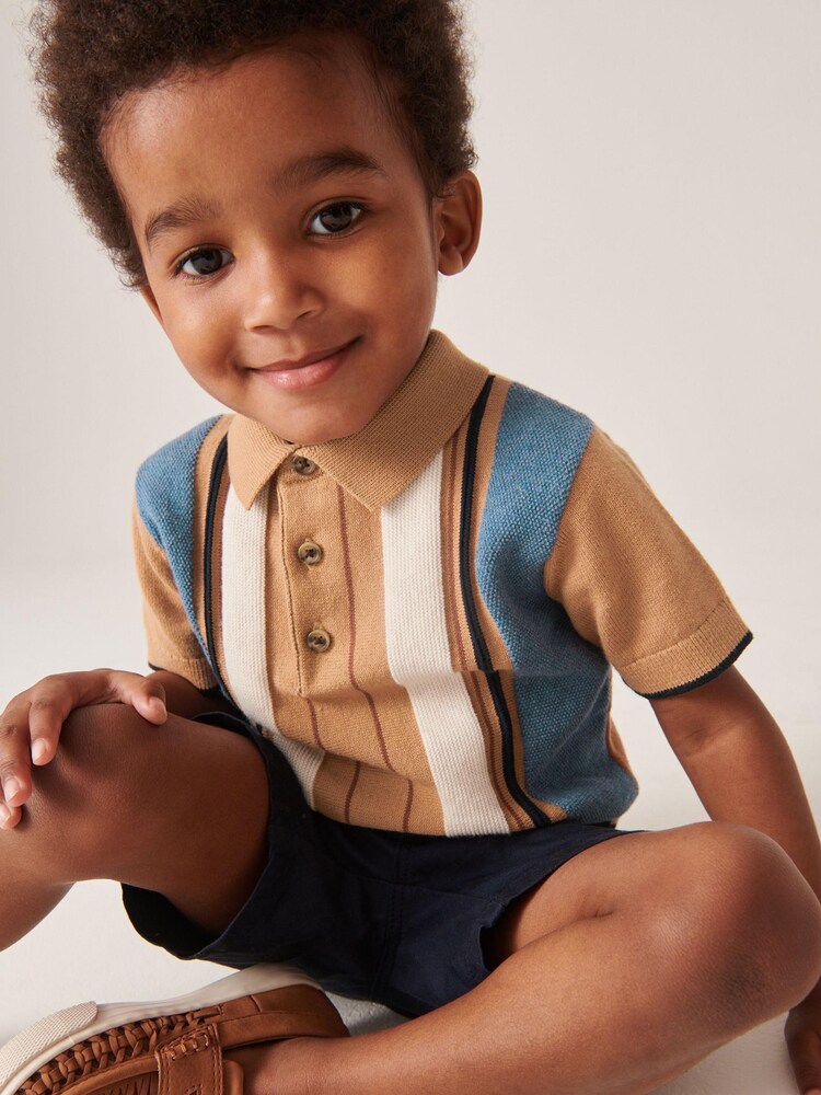 Braun/Marineblau - Vertikal gemustertes Strick-Poloshirt (3 Monate bis 7 Jahre) - Bild 1 von 6