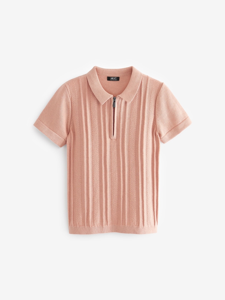 Pink Knitted Short Sleeve Textured Zip Neck Polo Shirt (3mths-7yrs) - Image 1 of 2