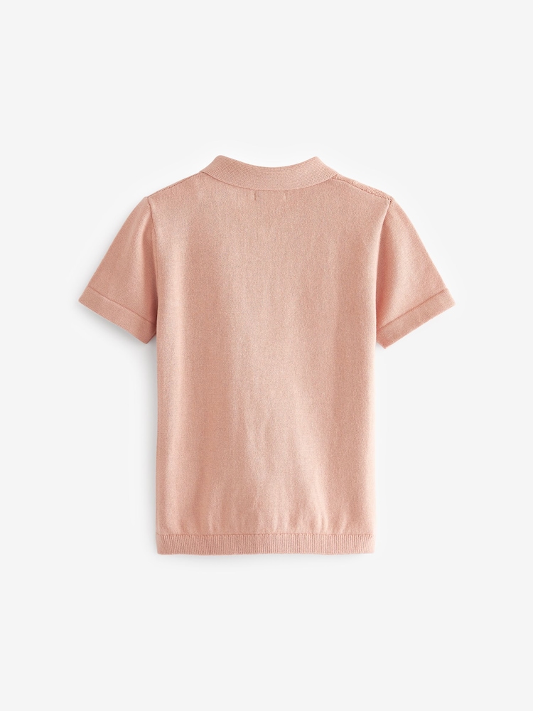Pink Knitted Short Sleeve Textured Zip Neck Polo Shirt (3mths-7yrs) - Image 2 of 2