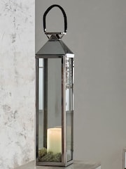 Pacific Silver/White Shiny Nickel Stainless Steel Large Glass Square Lantern - Image 1 of 4