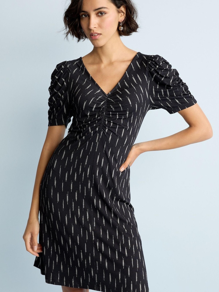 Black/White Dash Ruched V-Neck Short Sleeve Midi Tea Dress - Image 1 of 5 Black/White Dash Ruched V-Neck Short Sleeve Midi Tea Dress - Image 1 of 5