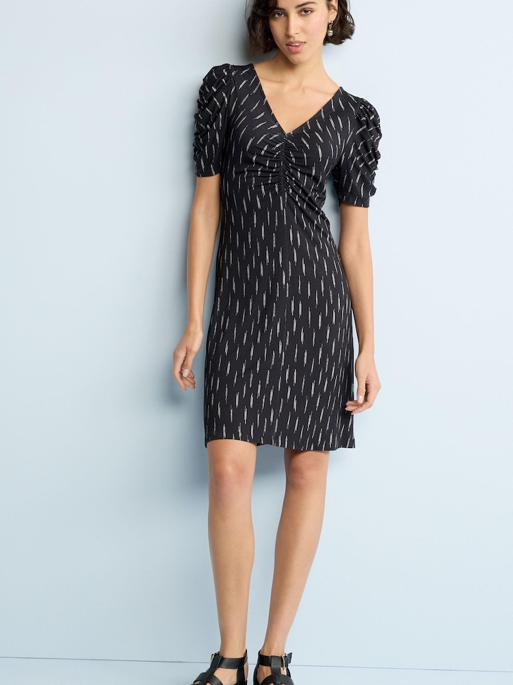 Black/White Dash Ruched V-Neck Short Sleeve Midi Tea Dress - Image 2 of 5 Black/White Dash Ruched V-Neck Short Sleeve Midi Tea Dress - Image 2 of 5