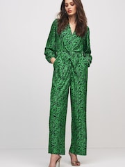 Green Zebra Print Long Sleeve Plissé Jumpsuit - Image 1 of 5