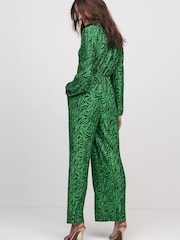 Green Zebra Print Long Sleeve Plissé Jumpsuit - Image 2 of 5
