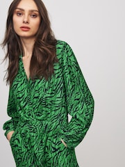 Green Zebra Print Long Sleeve Plissé Jumpsuit - Image 4 of 5