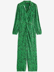 Green Zebra Print Long Sleeve Plissé Jumpsuit - Image 5 of 5