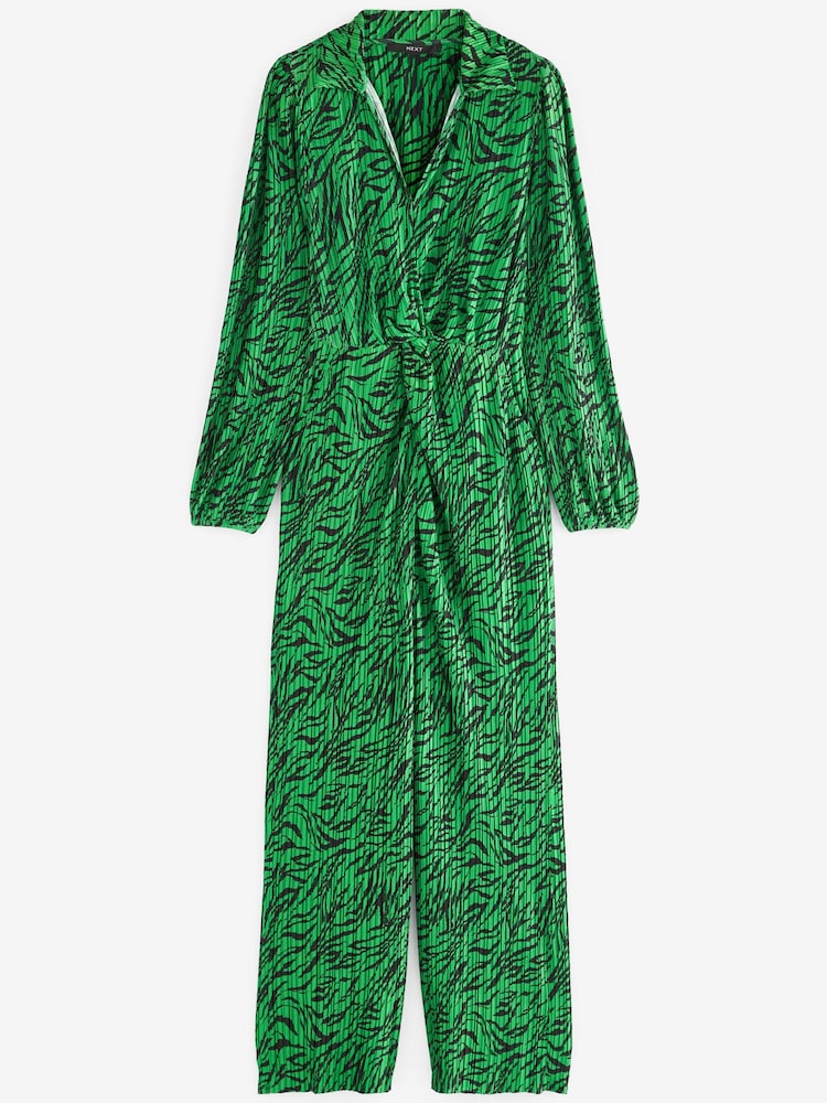 Green Zebra Print Long Sleeve Plissé Jumpsuit - Image 5 of 5