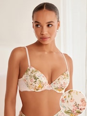 Creme, Blumenmuster - Spitzen-BH mit leichter Wattierung und glatten Körbchen - Bild 1 von 7