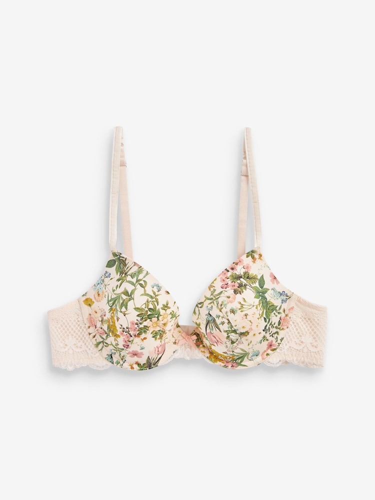Creme, Blumenmuster - Spitzen-BH mit leichter Wattierung und glatten Körbchen - Bild 7 von 7